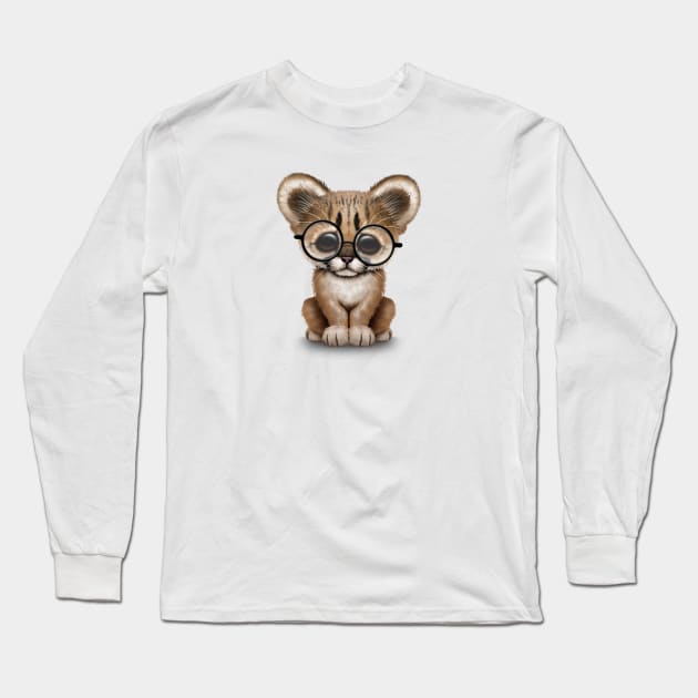 Cute Cougar Cub Wearing Reading Glasses Long Sleeve T-Shirt by jeffbartels